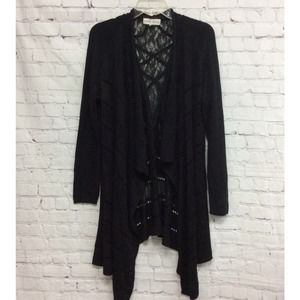 Knox Rose Womens Open Front Cardigan Sweater Black Waterfall Lace 100% Acrylic L